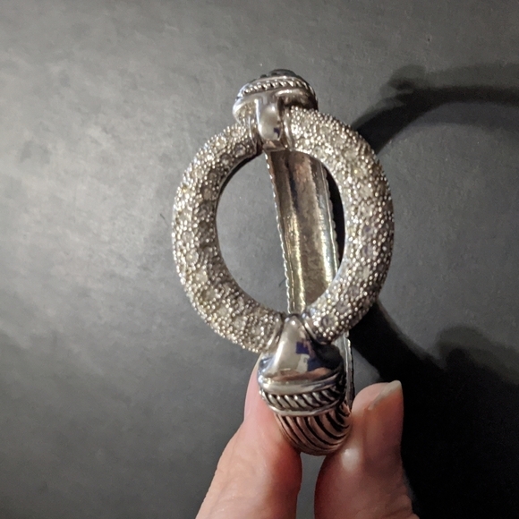 Silver Tone Clear Rhinestone Open Circle Hinged Cuff Statement Bracelet - Picture 5 of 5